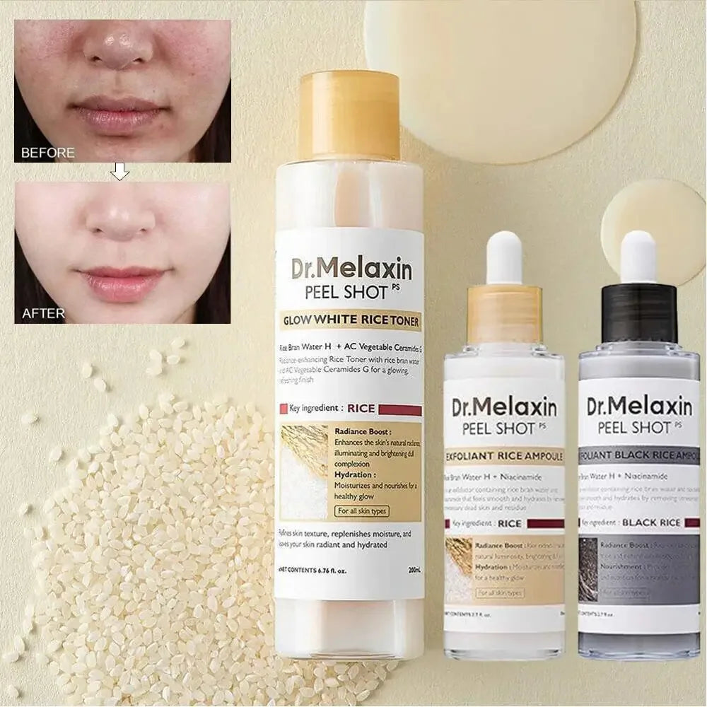 Korean Dr. Melaxin Peel Shot White And Black Rice Exfoliating Essence, Rice Toner, Pink Pore Serum & Cream, Softening Skin Care
