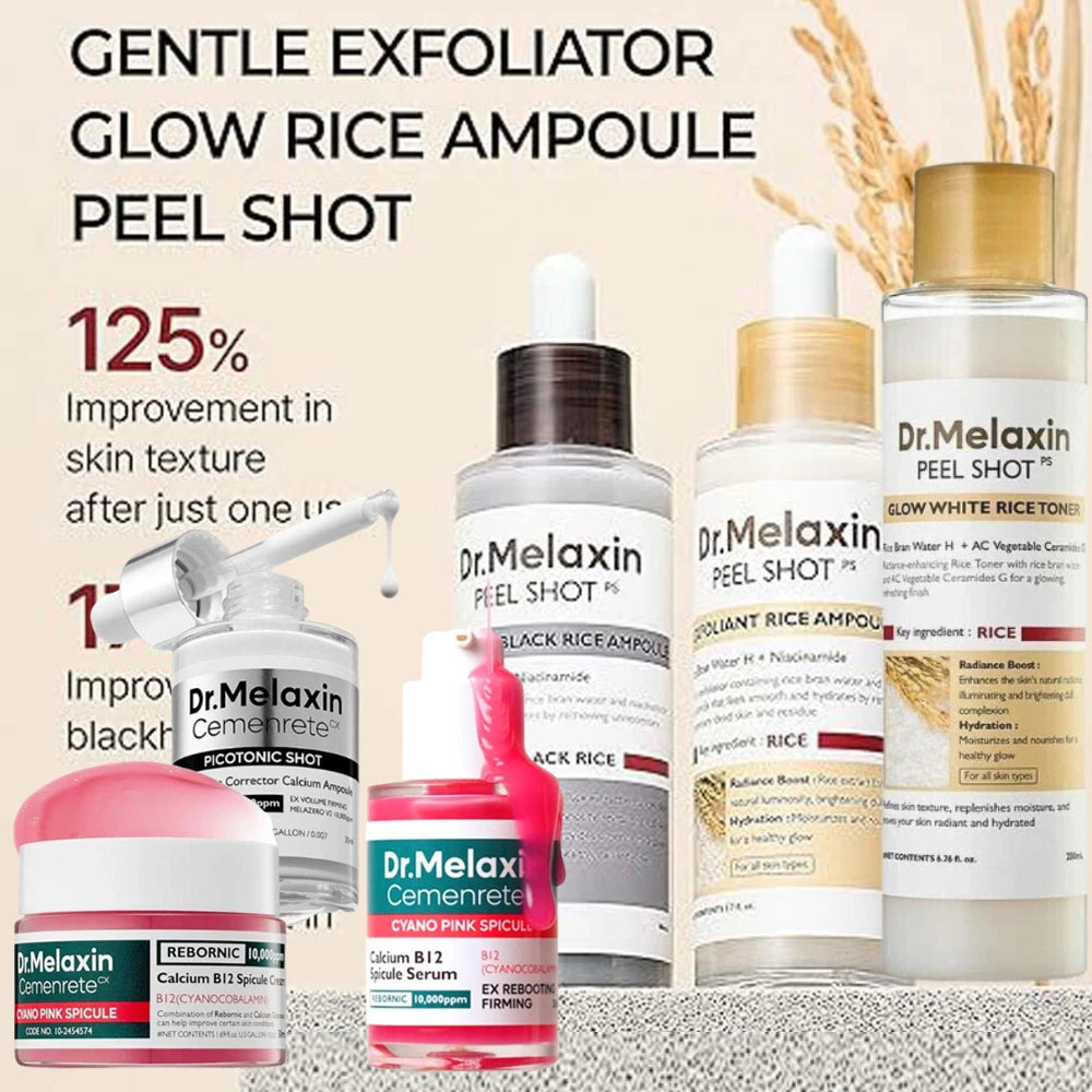 Korean Dr. Melaxin Peel Shot White And Black Rice Exfoliating Essence, Rice Toner, Pink Pore Serum & Cream, Softening Skin Care